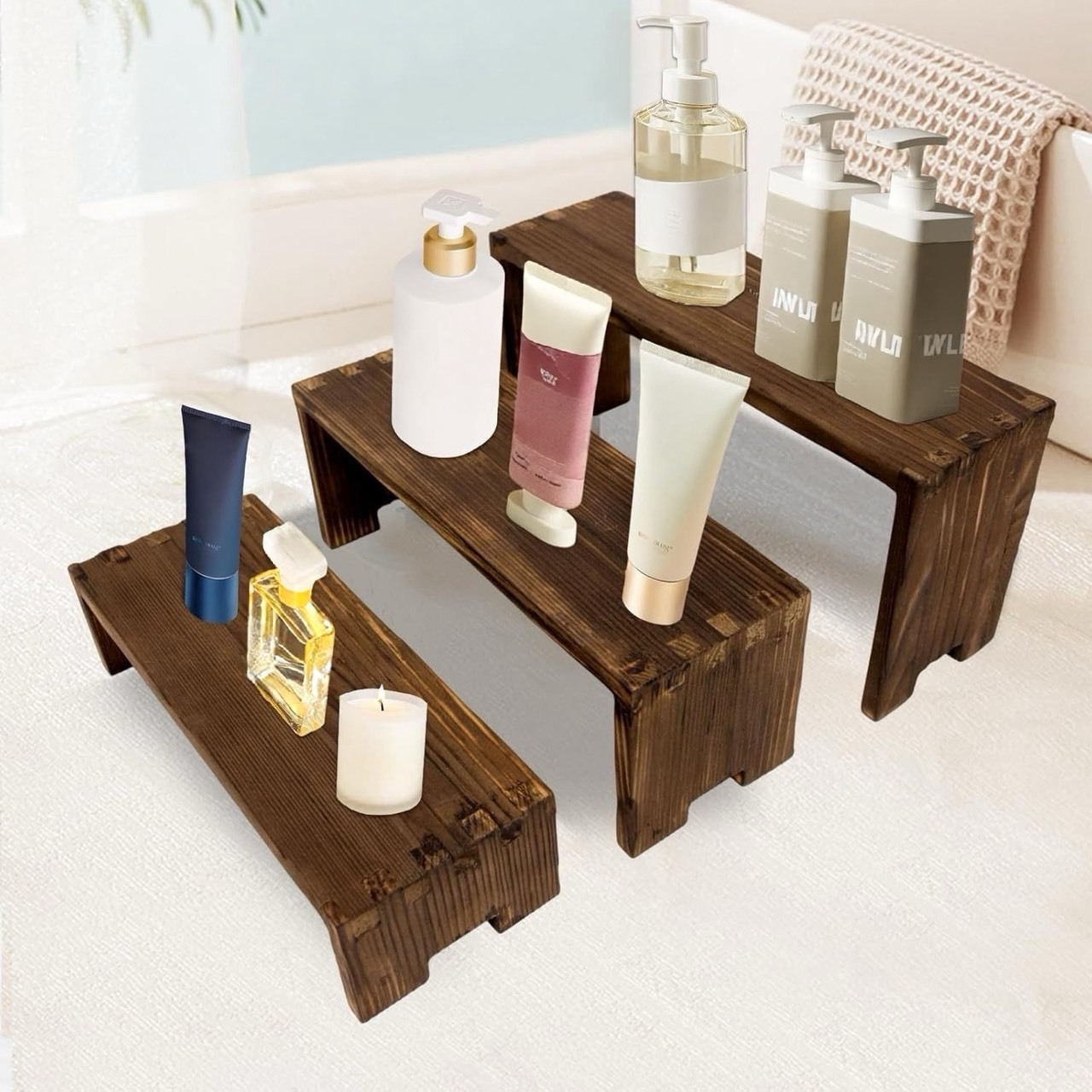 【木製 インテリア ディスプレイラック】3サイズ１セット 無垢材 コスメ スキンケア 香水 フィギュア アクリルスタンド アクスタ 観葉植物 文房具 多目的  多機能 オタ活 モダン