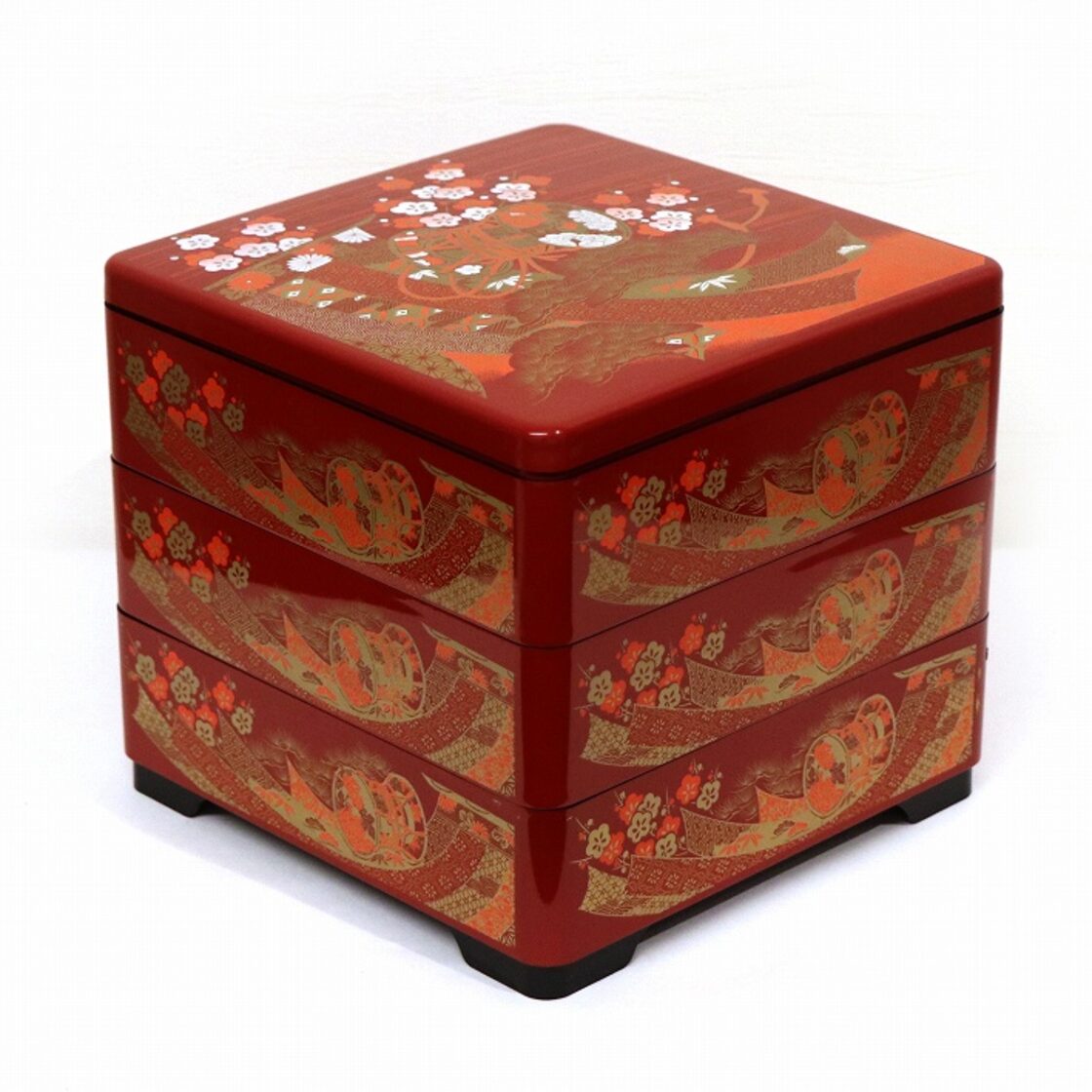 鹿野漆器・三段重・重箱・朱・梅・No.190609-54・梱包サイズ60 | Pay ID