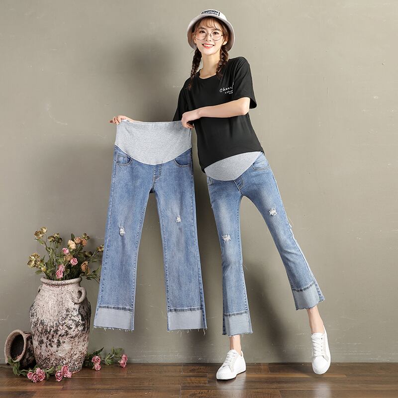 【新作】【送料無料】 2020年春夏妊婦デニムブーツレッグベリージーンズ穴あきマタニティエンパイアデニムパンツパッチ裾パンツ レッド スプリング 春物 サマー 夏物 AL expec364237646516