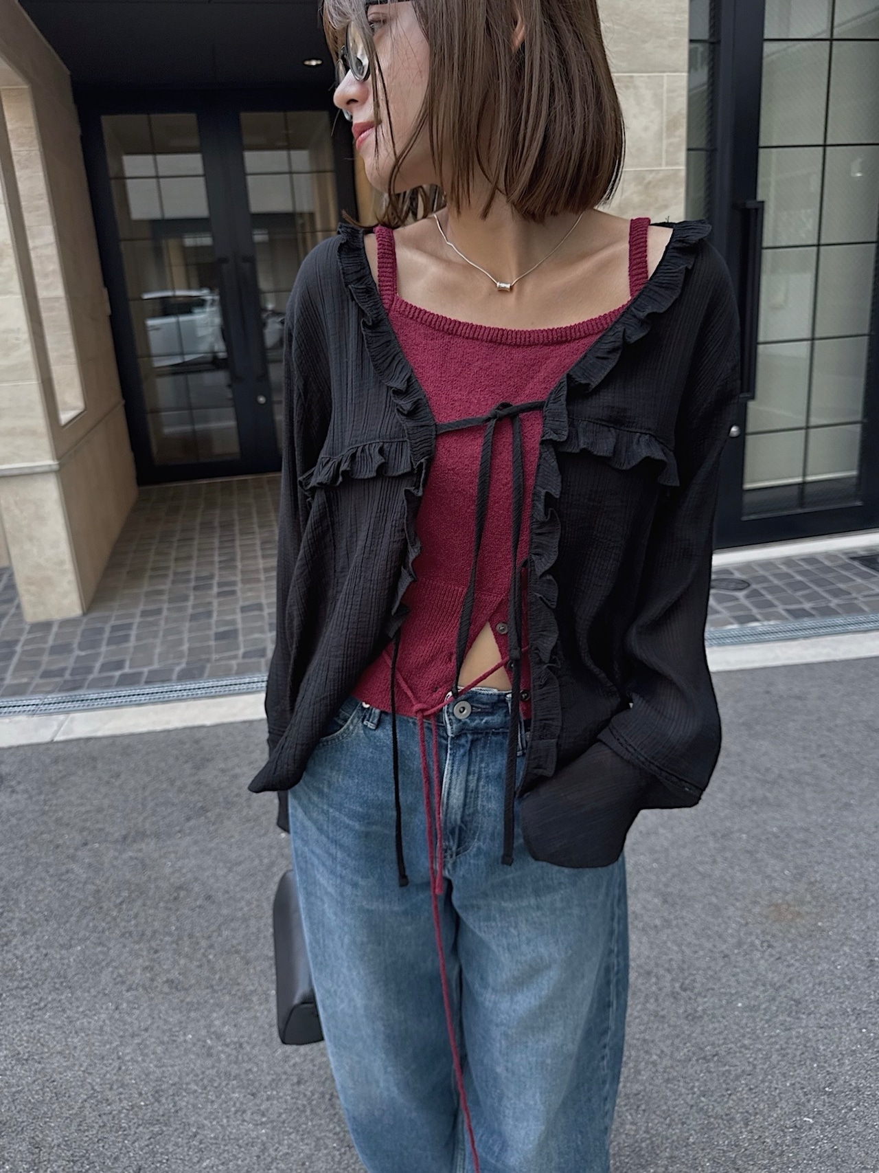 "restock" lace line frill sheer blouse