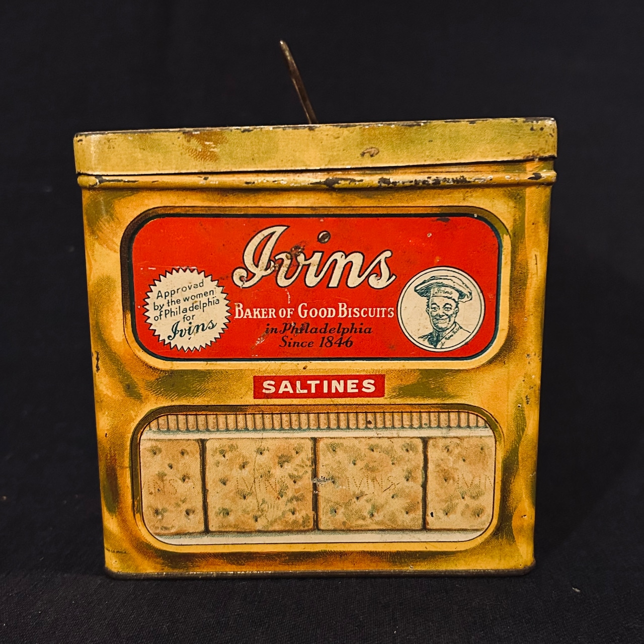 1920s アイヴィンズ ソルティン クラッカー ヴィンテージ ティン缶 IVINS “SALTINES” Cracker Tin T-684