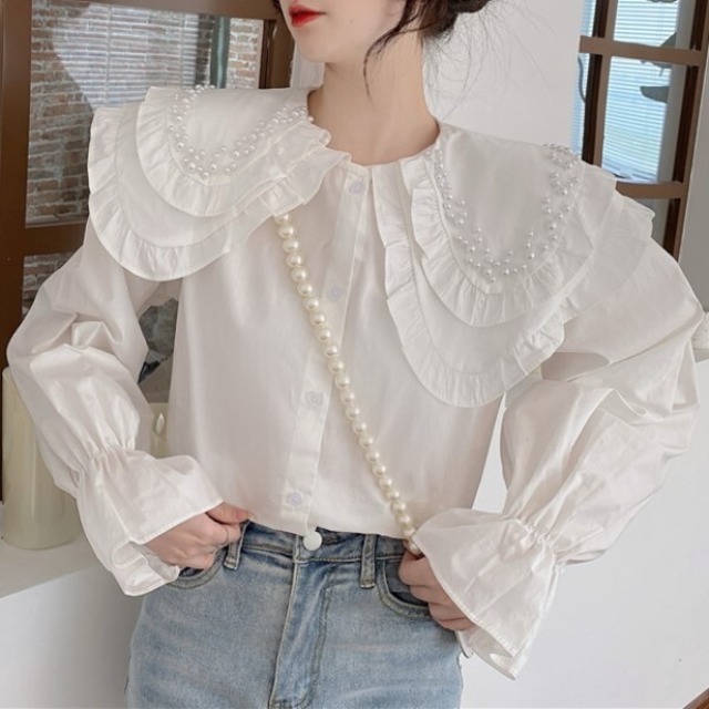 ベビーカラーシャツ フレンチシック 長袖 ビックカラー フリル パフスリーブ トップス