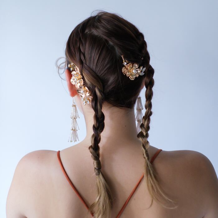 H-166 ウェディング アクセサリー【ゴールド フラワー 2P ヘッドドレス】ブライダル 髪飾り