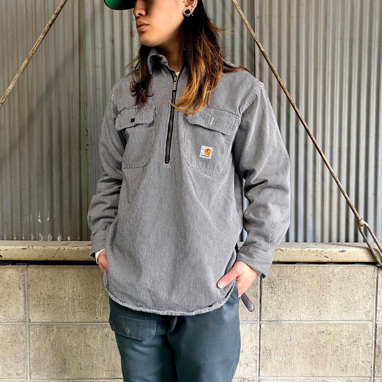 訳あり特価 Carhartt カーハート ヒッコリーストライプ ハーフジップ 長袖ワークシャツ メンズM 古着【長袖シャツ】 | cave  古着屋【公式】古着通販サイト