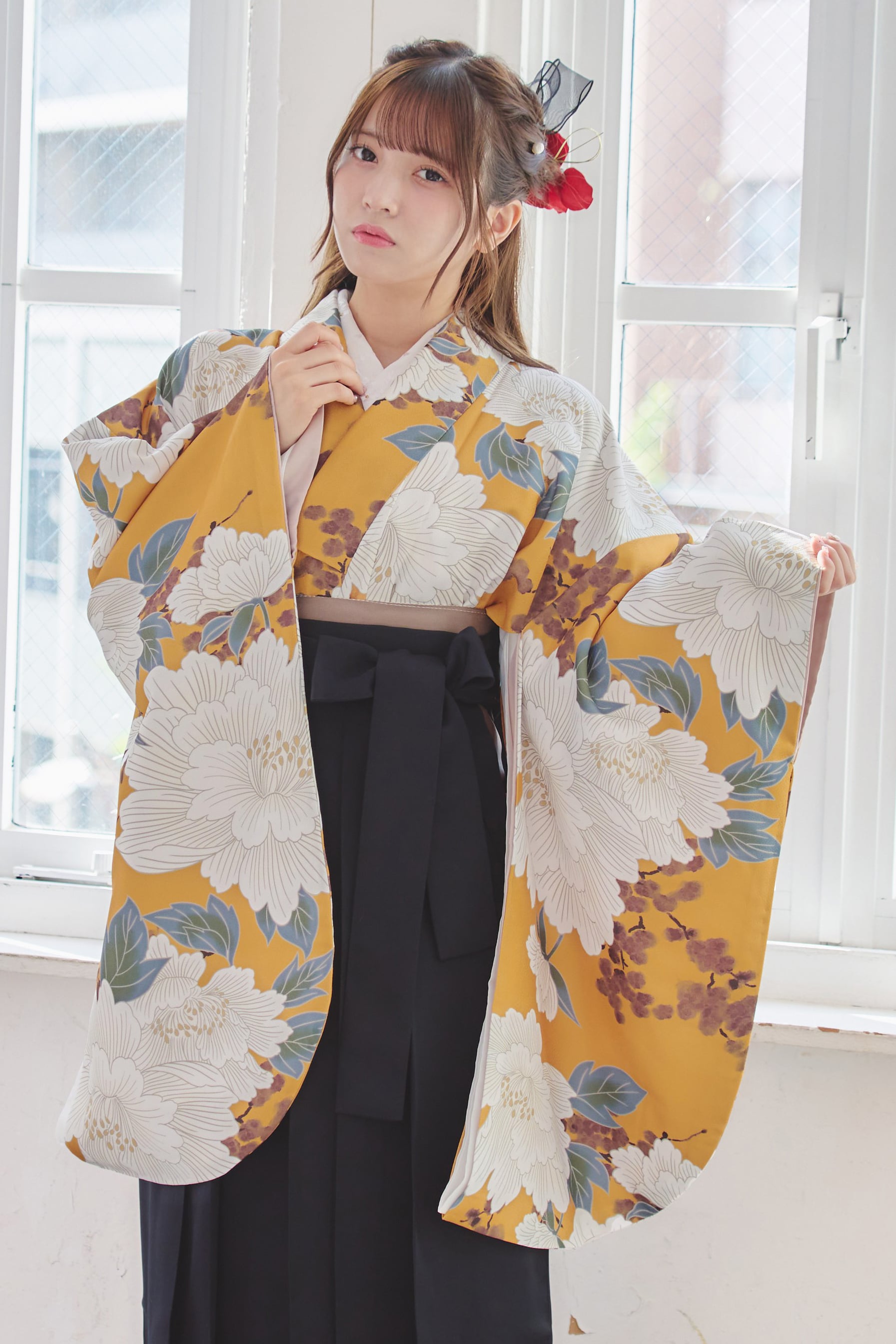 【袴4点set】江戸の大輪白花あそび(からし)B7BK