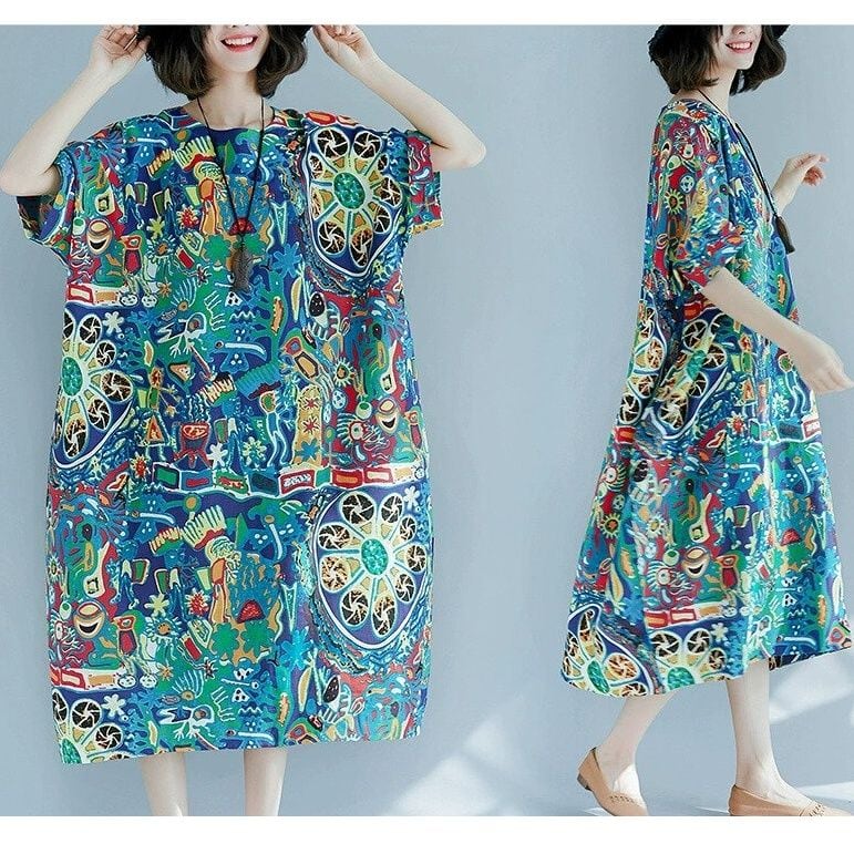 PRINT BOAT NECK HALF SLEEVES MIDI PULLOVER DRESS 1color M-14129