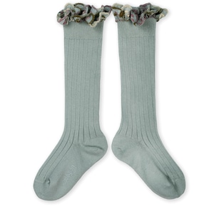 Collegien/Eglantine Chaussettes hautes avec volant brodé fleurs - Aigue Marine