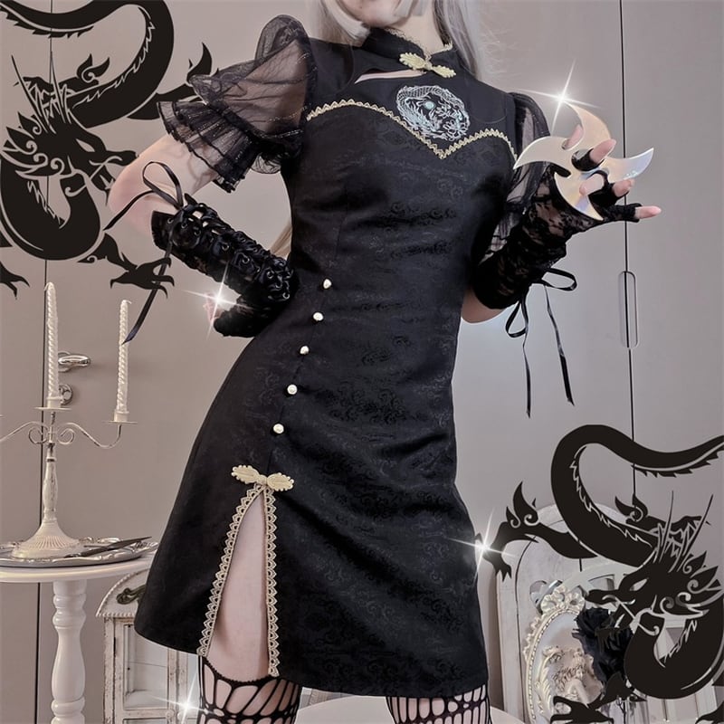 サブカル 服 地雷系 通販 チャイナドレス 半袖 レース セクシー 闇