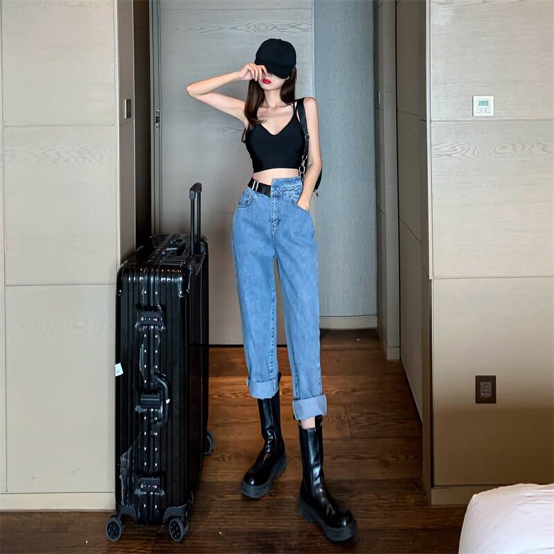 ルーズハイウエストジーンズレディースサマースリムストレートパンツシンパンツ9点パンツネットレッドインスーパー ブラックストロベリース34280683019