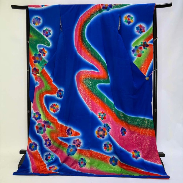 本振袖 引き振袖 正絹 青色 汕頭刺繍 花柄 古典 刺繍 結婚式 裄65.5cm 身丈187cm Bランク 花嫁衣装 Mサイズ 4936