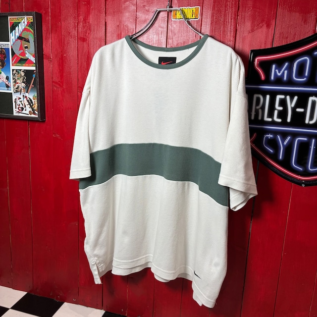 00s NIKE 白×オリーブ切替　リブライン　短丈ボックスTee. ナイキ