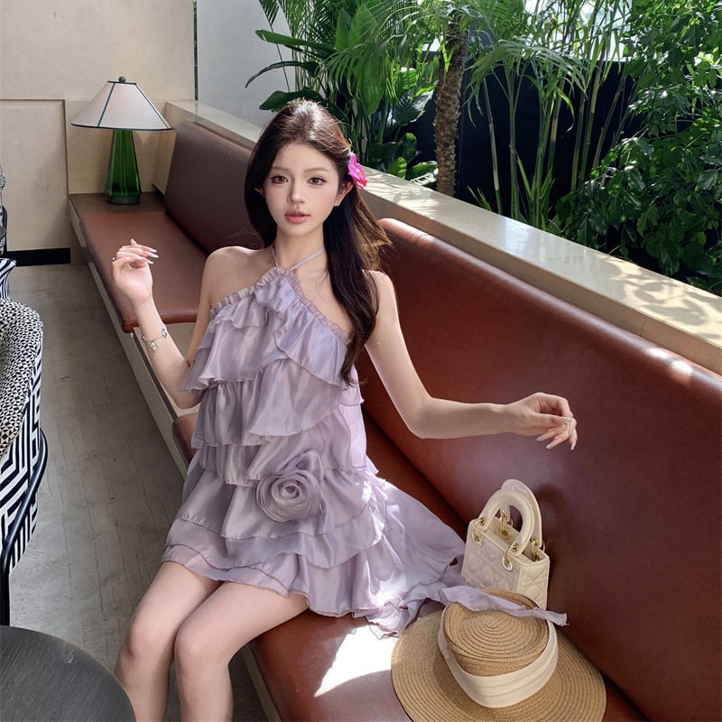 【dress】立体フラワーフリルホルターネックワンピース M33133