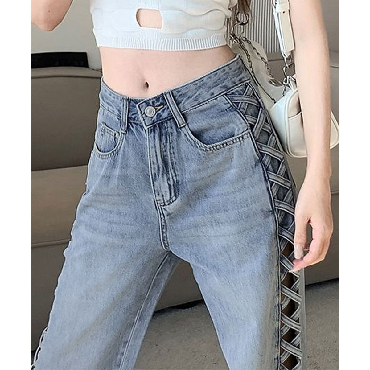 サイドレースアップ デニム パンツ レディース 韓国 ジーンズ 大人 カジュアル 肌見せ 美脚 おしゃれ 原宿系 ストリート ハイウエスト ブルー 大人可愛い 大人女子