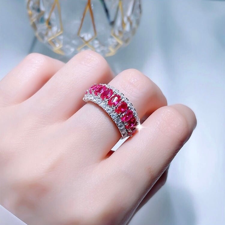 人工エメラルド/ルビー/サファイア オーバル 3ロウ ハーフエタニティ