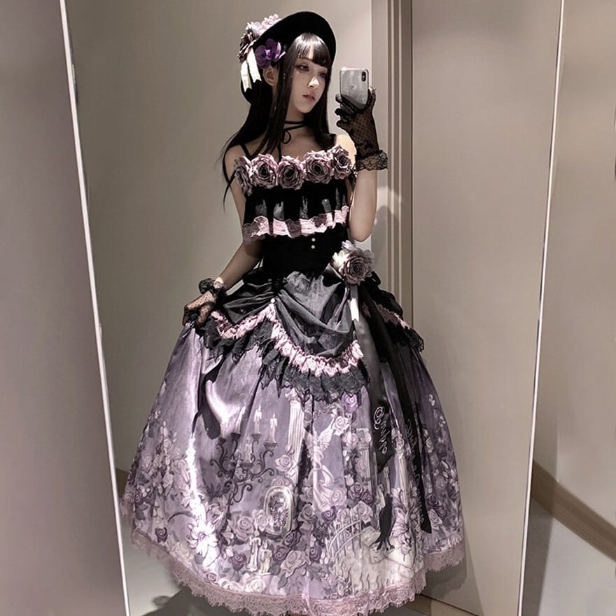 ゴシックロリィタ セットアップ 黒×紫ローズ キャミ×スカート｜WithU