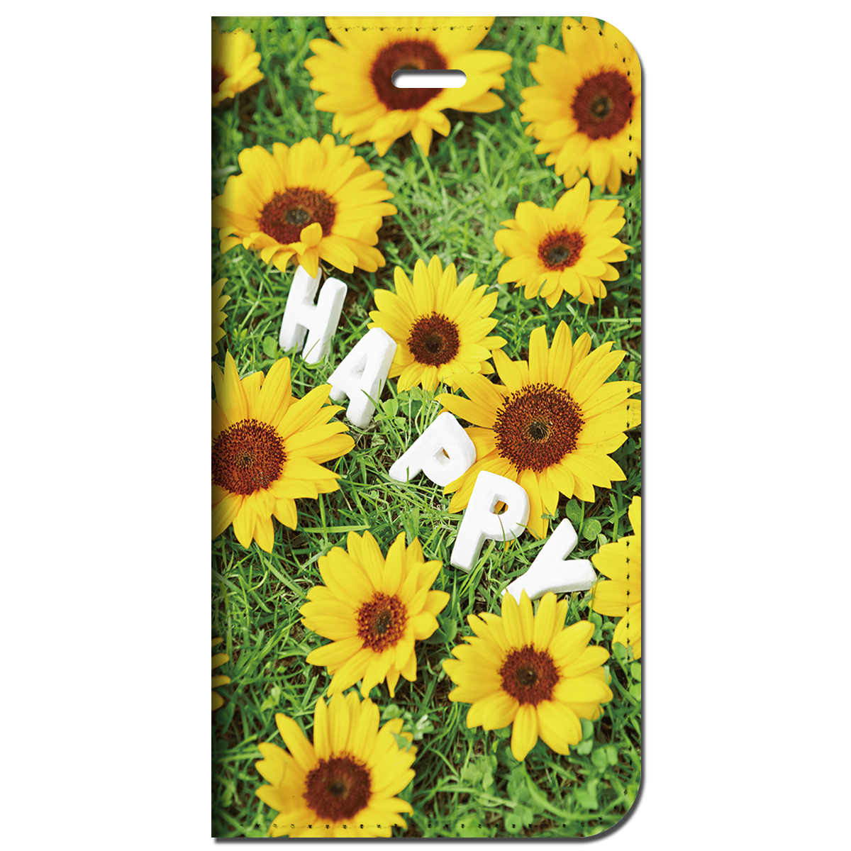 iPhone対応 スマホ 手帳型ケース ひまわり-HAPPY ポップ イラスト 【iPhone17 / iPhone16 / iPhone16e / iPhoneSE 他 iPhone各機種対応】 st46