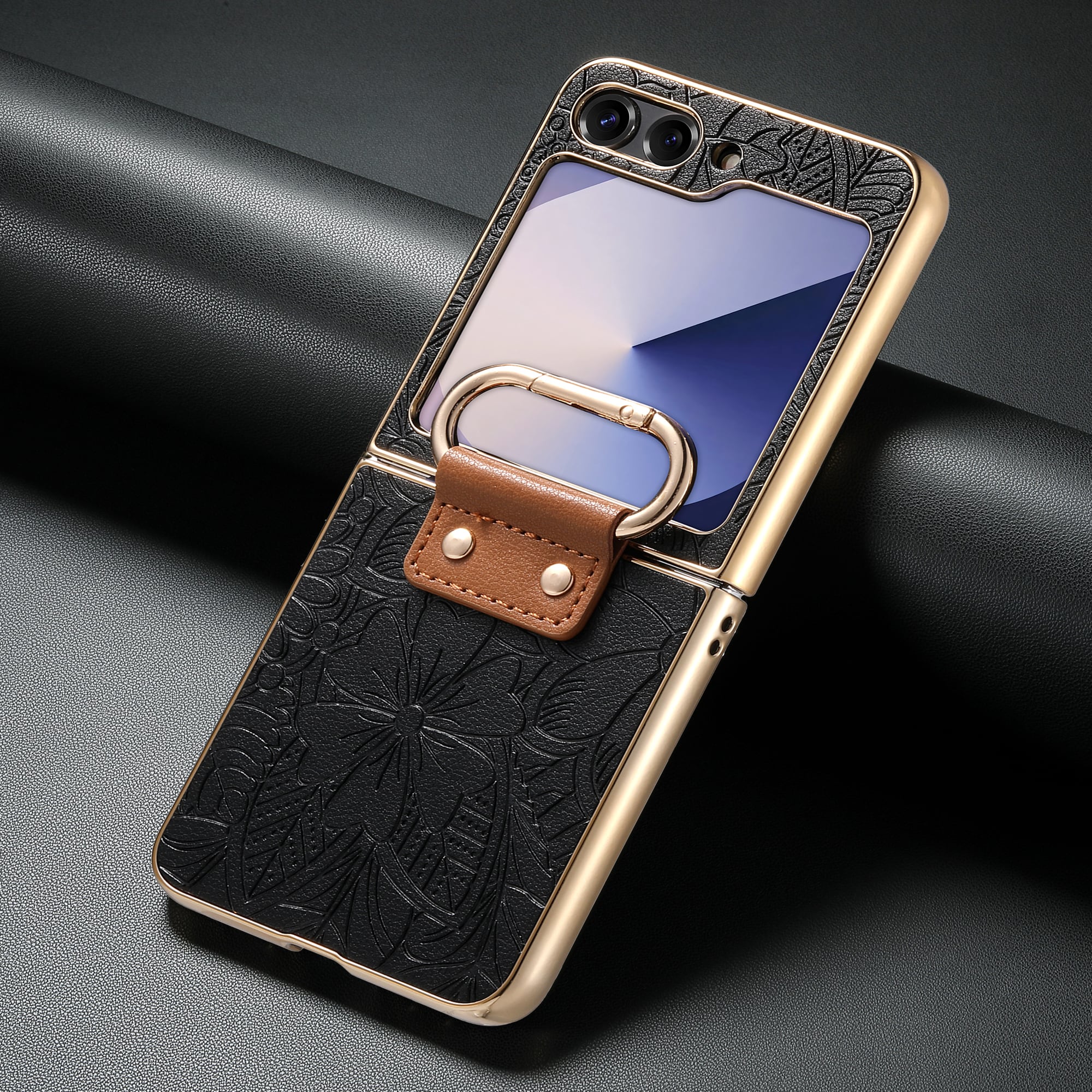 型押し Galaxy Z Flip 7 6 5 4 ケース おしゃれ ボタニカル柄 カラビナ