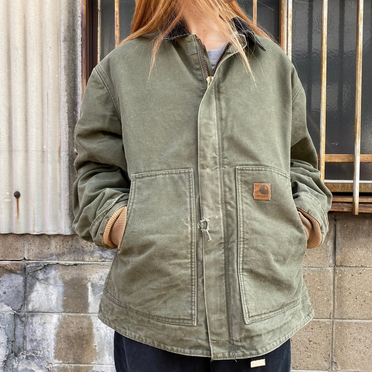 Carhartt カーハート トラディショナルジャケット メンズl Tall 古着 ダック地 ワークジャケット カバーオール ボアライナー モスグリーン 緑 コーデュロイ襟 ワークジャケット Cave 古着屋 公式 古着通販サイト
