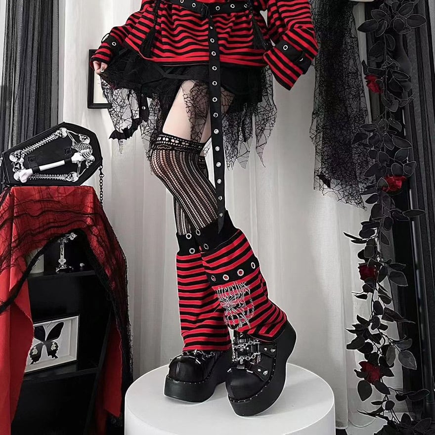 サブカル 服 地雷系 通販 レッグカバー ルーズ ボーダー 蝶刺繍 闇