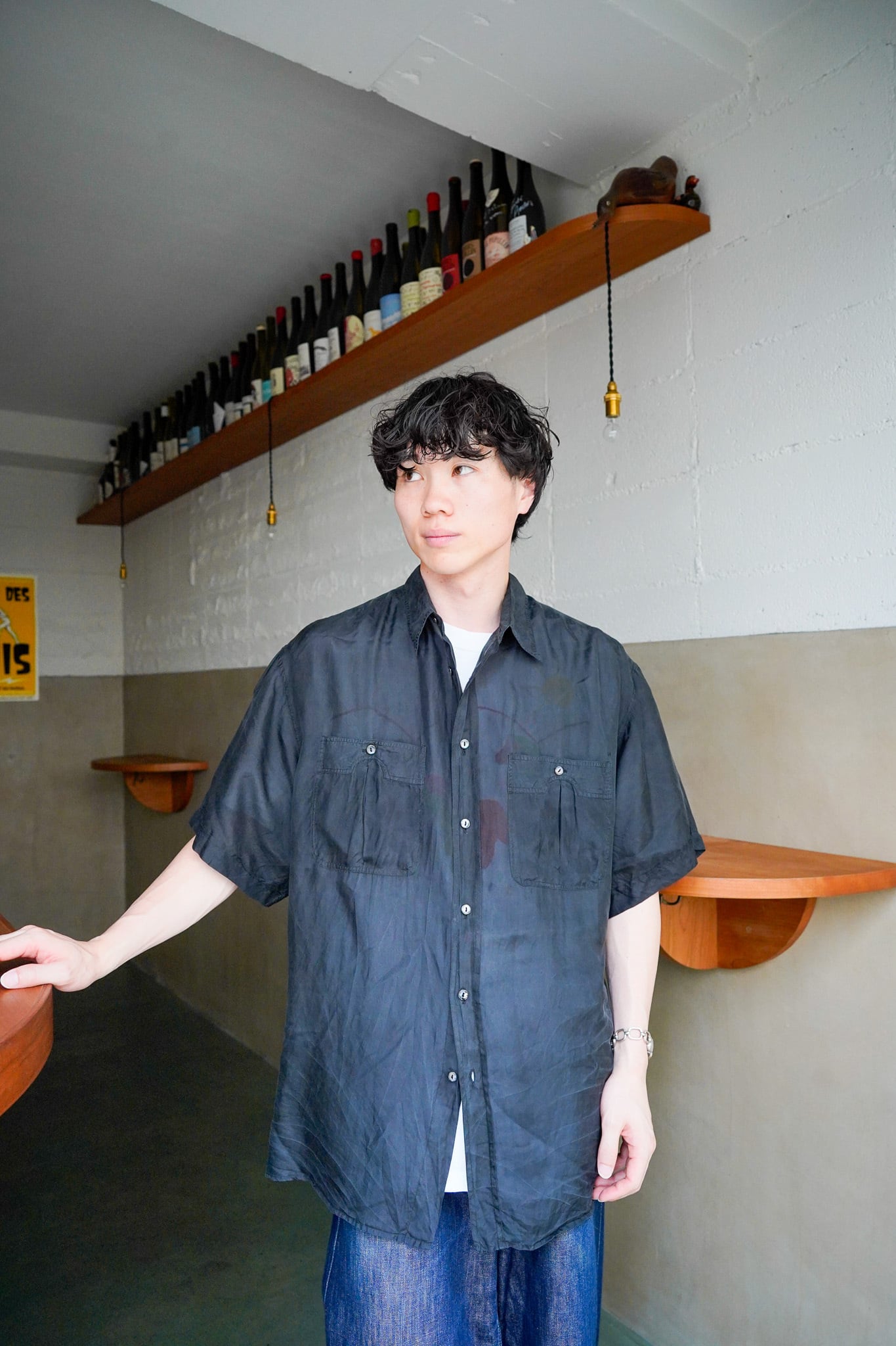 【1990s】"Angelo Litrico, 100%Silk " Black Color Short Sleeve Shirts / 6−158