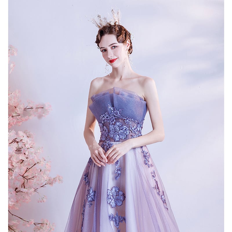 美品！パーティードレス 紫 ベアトップ グラデーション 短トレーン プリンセスライン 憧れのドレス エレガント 可愛い シアーな美しさ 大好評中！