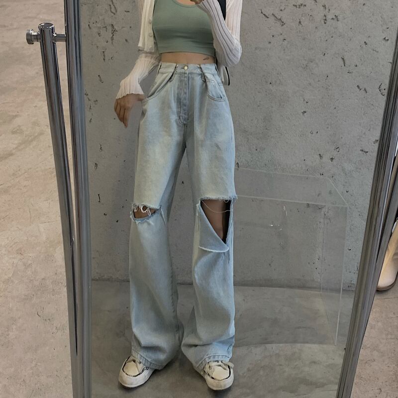 ウエストルーズリップドジーンズレディース秋ライトカラーストレートパンツ2020新作細身ワイドレッグパンツ ブラックストロベリース32182977086
