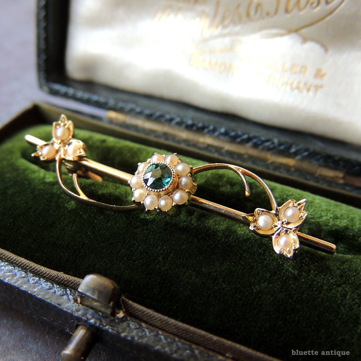 英国アンティークジュエリー 15ctゴールド 天然トルマリン 真珠