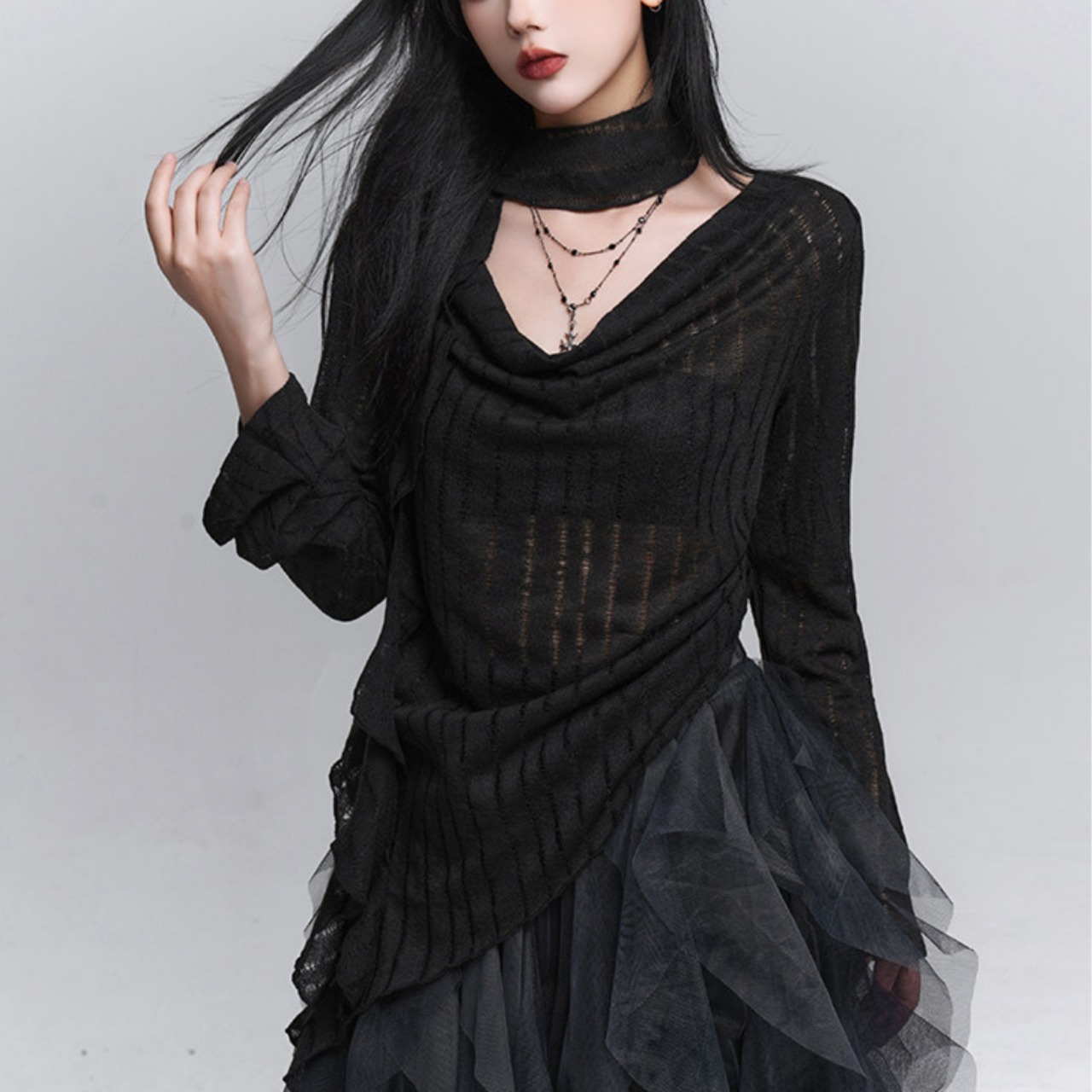 Lightweight openwork turtleneck top (ME345)