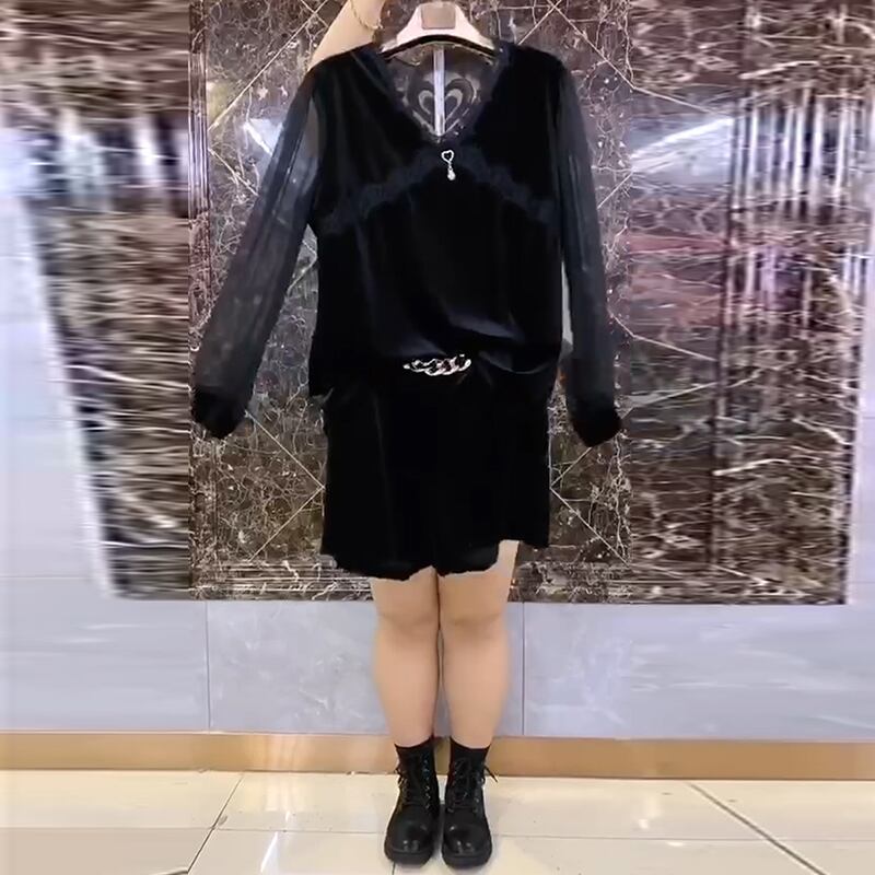 ラージサイズレディースウエスタンスタイルTシャツトップハイウエスト200kgファットMMデザインセンスレディースパンツネットヤーンボトミングシャツシンショーツ ミックスインファッション70795793292