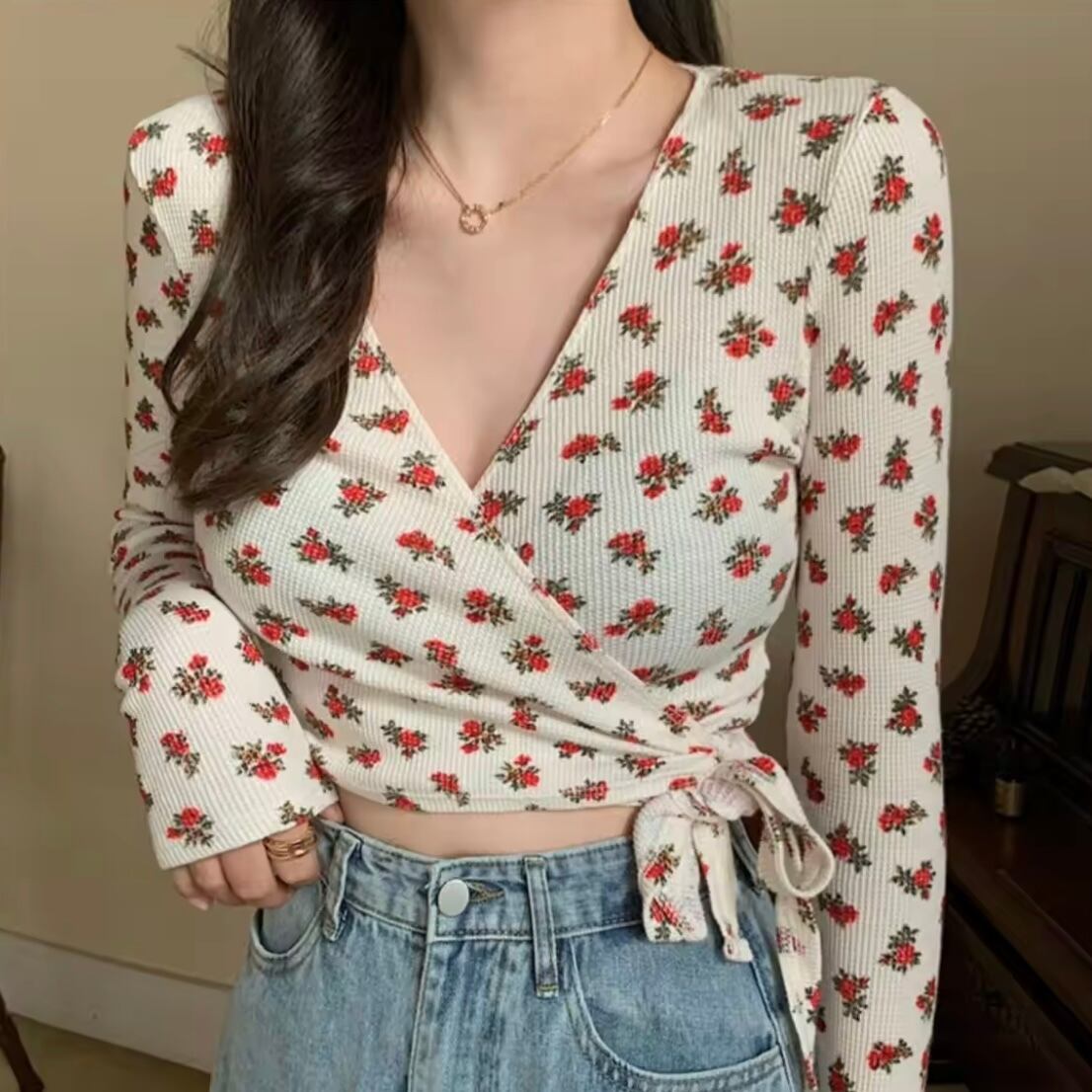 フラワーワッフルカシュクールブラウス