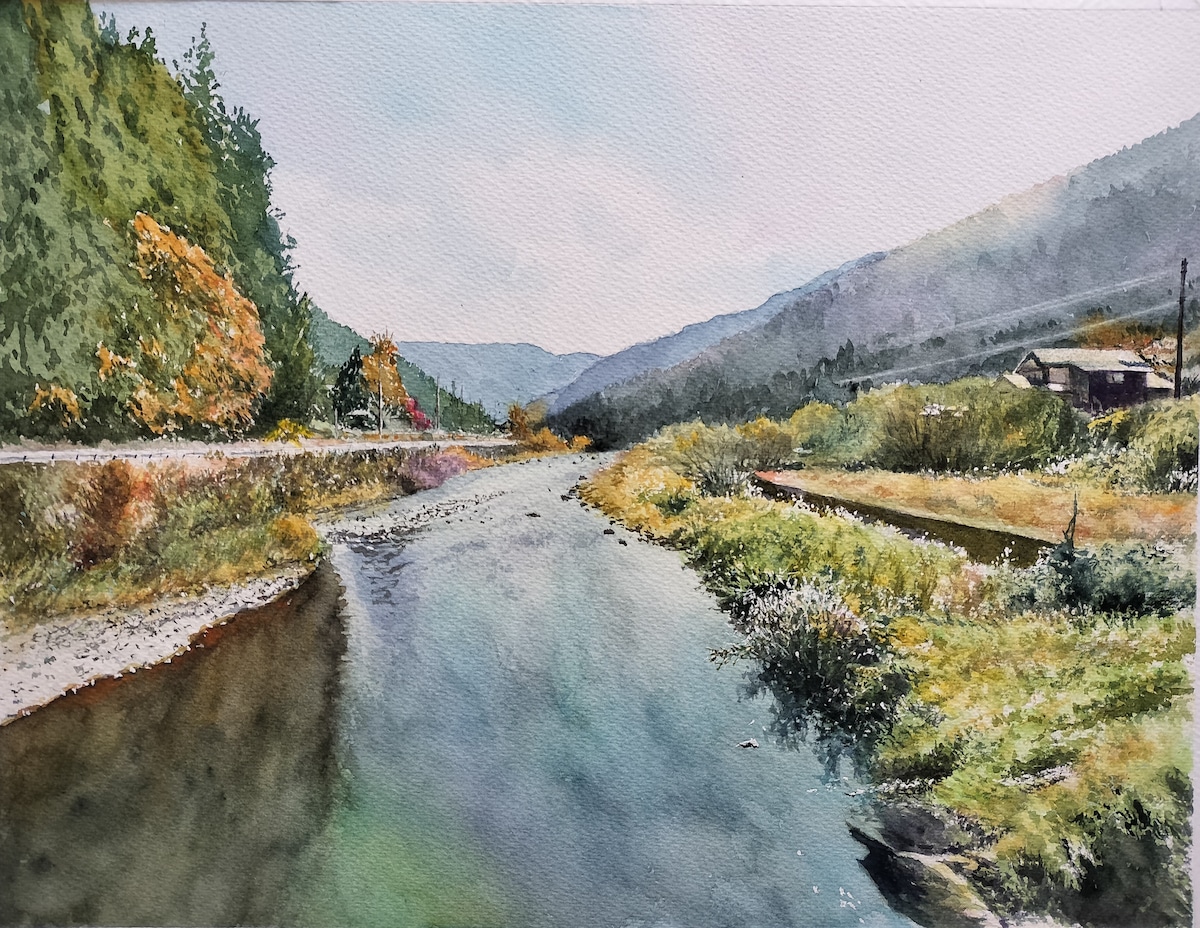 水彩画 風景画 画題「晩秋の川を照らす」 | yamakasumi56
