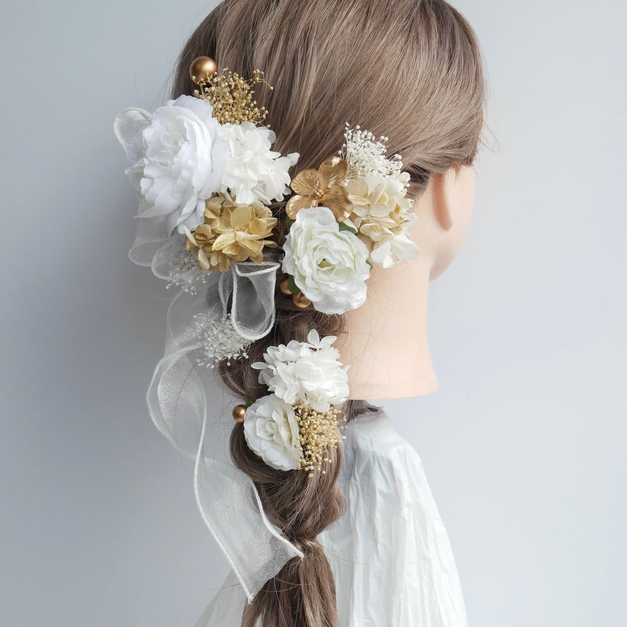 A216 白ゴールド ローズ ドライフラワー髪飾り リボン 卒業式 袴 成人