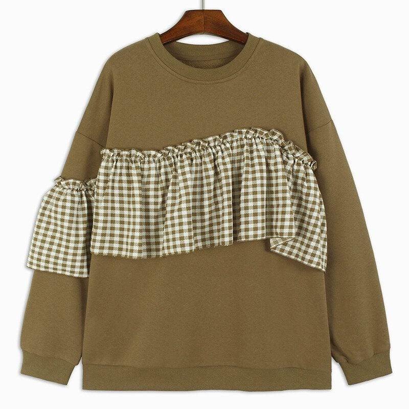 CHECKERED FRILL STITCHED ROUND NECK SWEAT SHIRT 2colors M-14800