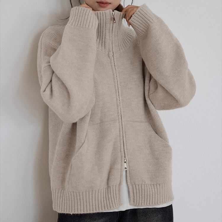 ダブルジップアップ ドロップショルダー ニットジャケット 3col N00252