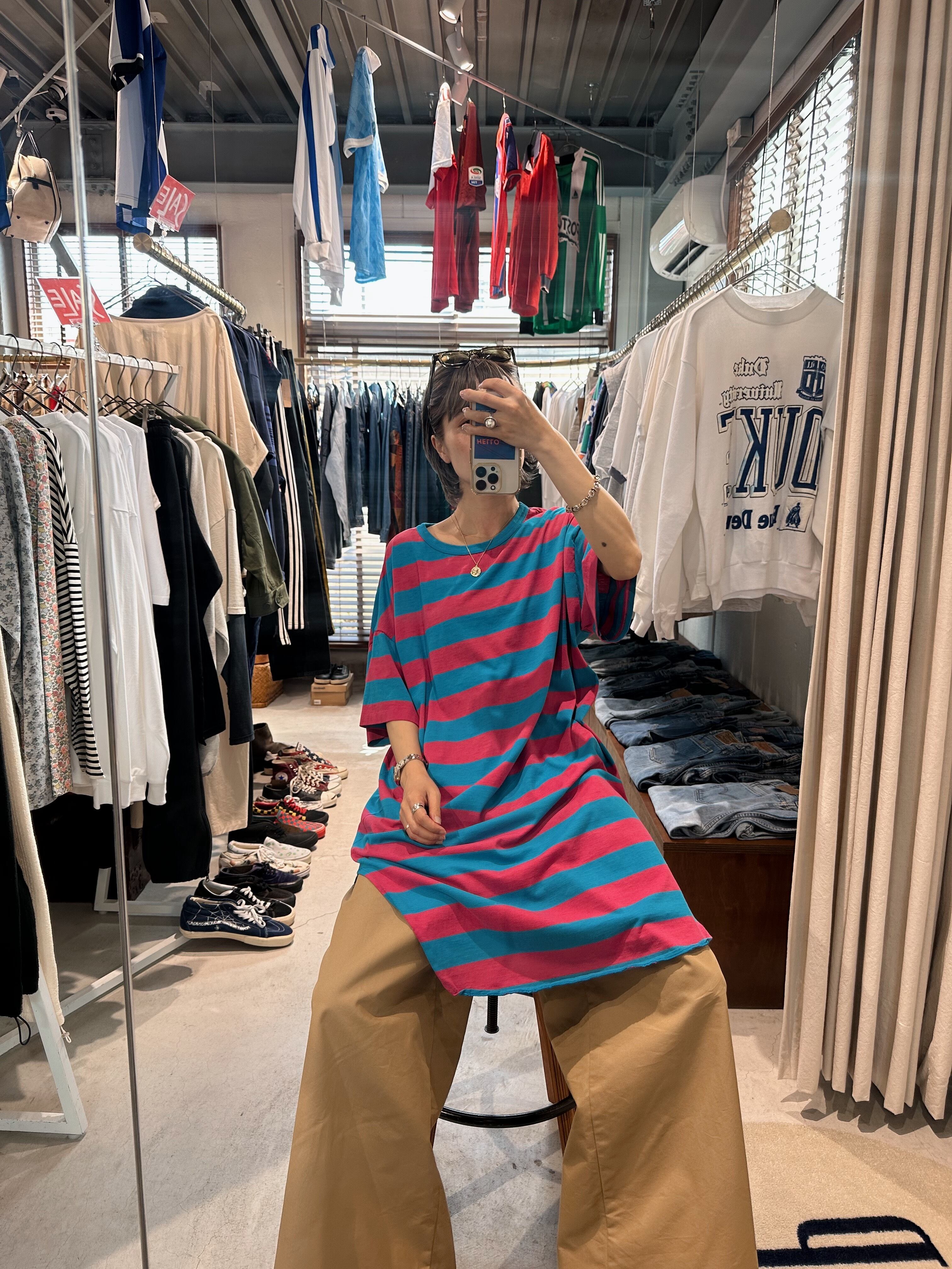 (CS1622)Long length 2 tone border T-shirt