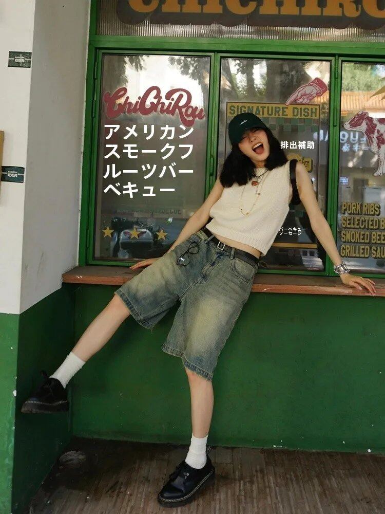 レトロウォッシュ加工ハイウエストストレートレッグデニムショートパンツ、五分丈ルーズフィットジーンズ、スリム効果のある夏服