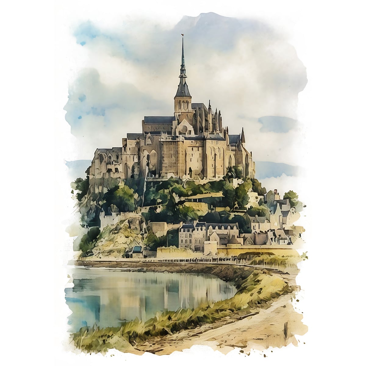 モンサンミシェル 水彩画作家 B. Stelling 金色フレーム 絵画 風景画(街並み) フランス モン・サン=ミシェルと羊