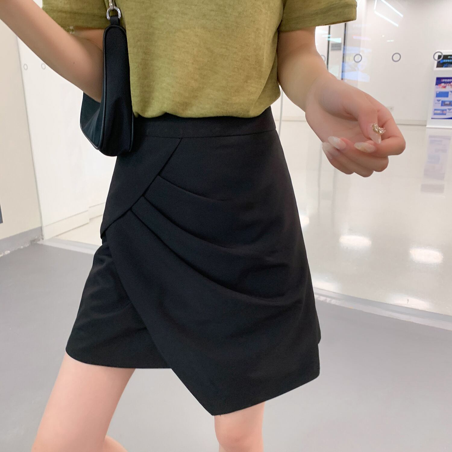 サマースタンダードスタイルハイウェストウェストスリムカジュアルスカート ブラックショート レトロ 夏物 6Du_Shop_Women70072922916