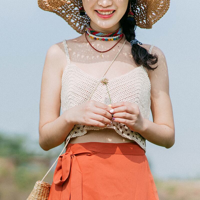 ボヘミアンニット中空キャミソール女性の海辺の休暇セクシーなヨーロッパとアメリカの薄い露出したへそ潮 ドリームホーストラベル婦人服64141449772