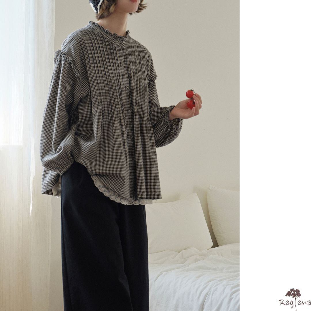 clastella ギンガムチェック フリルブラウス 長袖