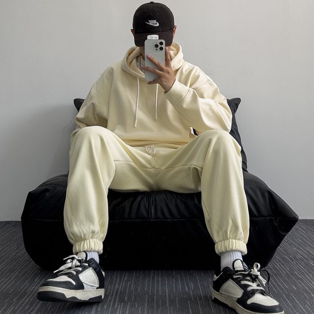 【予約販売】メンズ セットアップ 裏起毛 上下 長袖 シンプル 無地 パーカー フード グレー ホワイト スエット ルーズ 男前 スエット 韓国 パンツ セット ジム カジュアル 部屋着 リラックス ルームウエア 韓国 トレンド 大きいサイズ S/M/L/XL/2XL