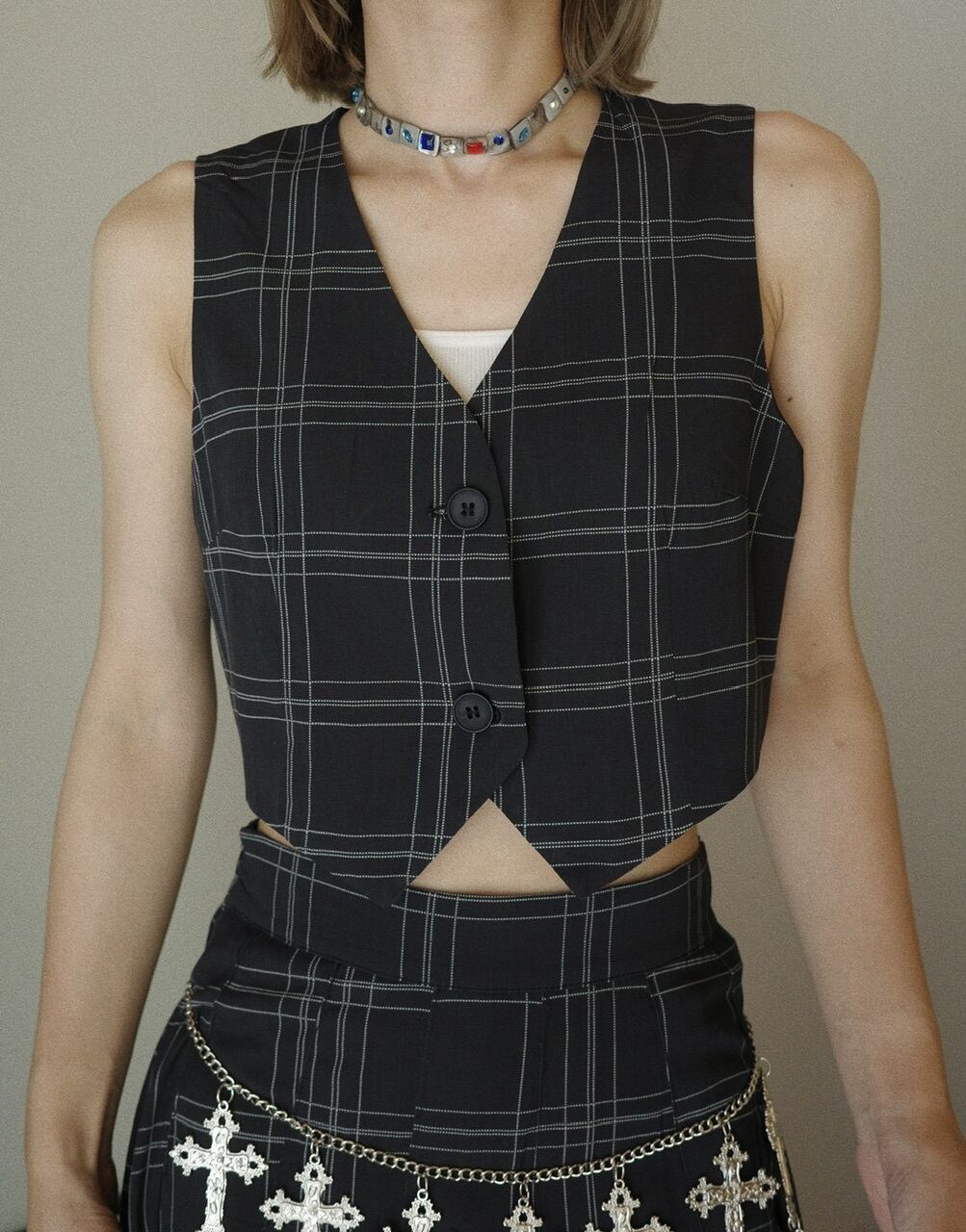 チェックベストスカートセットアップ/ブラック | osrsofficial