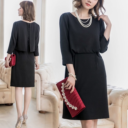 ワンピース ひざ丈 シンプル 上品 ラウンドネック 七分袖 ネイビー グレー ブラック レース お呼ばれ 秋冬 レディース　BADA035