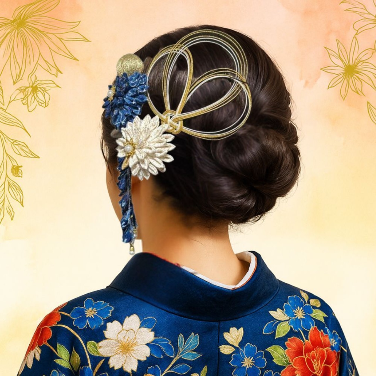 祝い結び ― 瑠璃華（るりか）｜藍と白金が煌めくつまみ細工髪飾りセット 成人式・卒業式・結婚式に(S036)・画像2