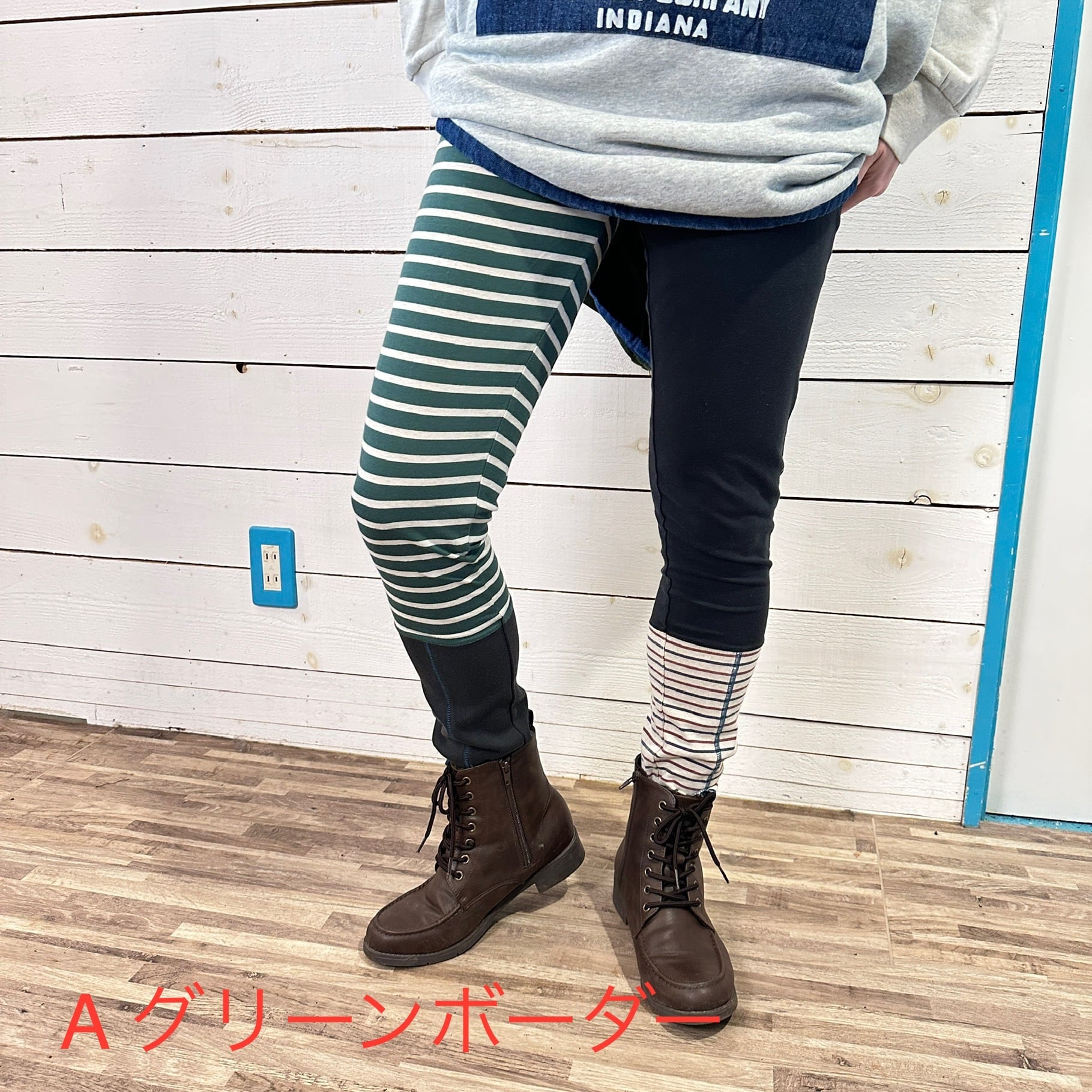 裾切替レギンス　天竺無地ニットリブ　2455　ボーダー無地切替　ウエストゴム　フリーサイズ