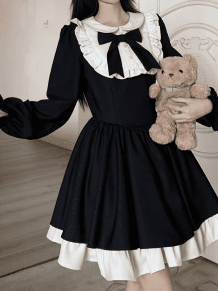 フリル襟ビッグリボンバイカラーフレアミニワンピース 長袖 ドーリー ガーリー フェミニン 体型カバー 大人可愛い 大きいサイズ 韓国 CH11577