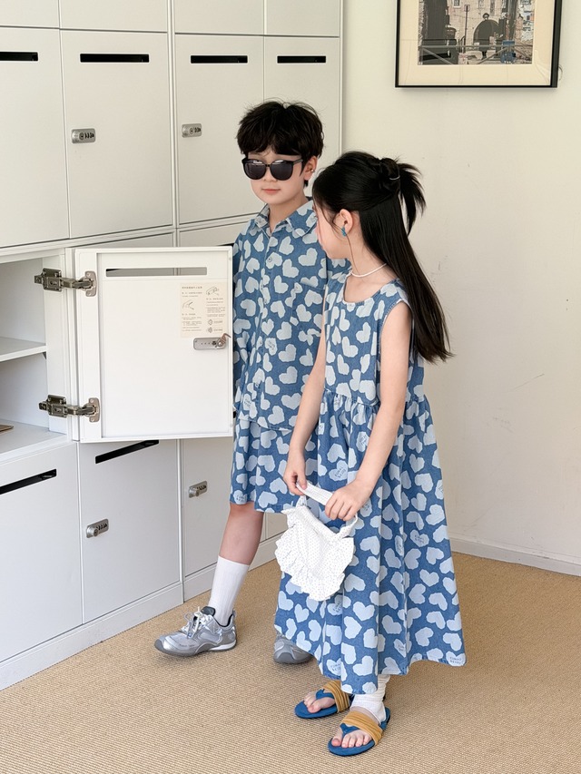 【兄妹服】ハート総柄デニムセットアップ／ワンピース - 7