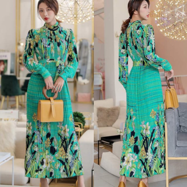 レディース ワンピースドレス オケージョンワンピ ボタニカル柄 花柄 長袖 ハイネック プリーツ シフォン フラワー マキシ丈 ロングワンピ グリーン