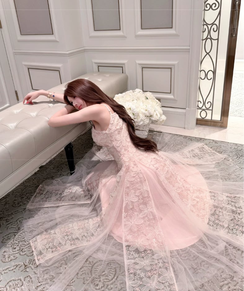 フェミニンピンク♡花柄レースロング丈プリンセスドレスワンピース