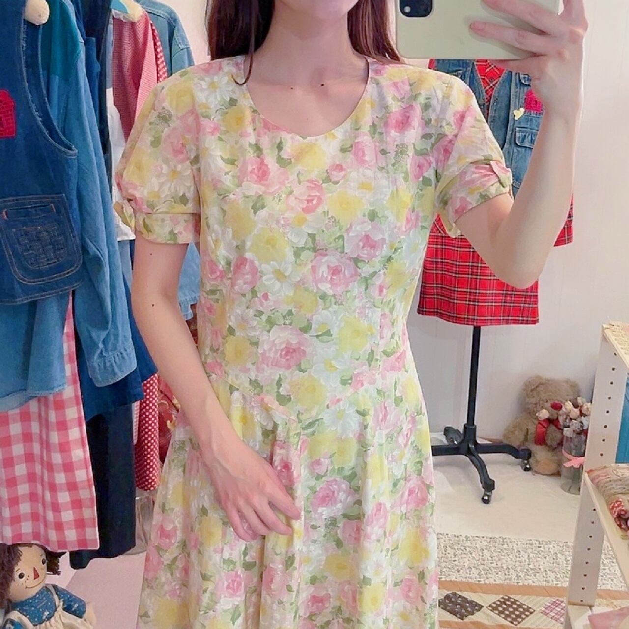 yellow pink flower ribbon sleeve one-piece